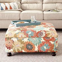 Madison Park Carlyle Coffee Table-Solid Wood Square Large Accent Cocktail Ottoman Modern Style Vibrant Spring Design, Padded Footstool, Extra Seating Corner Chair, See Below, Multi Floral
