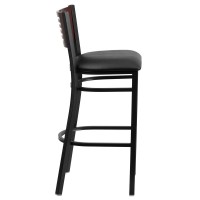 HERCULES Series Black Slat Back Metal Restaurant Barstool - Mahogany Wood Back, Black Vinyl Seat