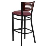 HERCULES Series Black Slat Back Metal Restaurant Barstool - Mahogany Wood Back, Burgundy Vinyl Seat