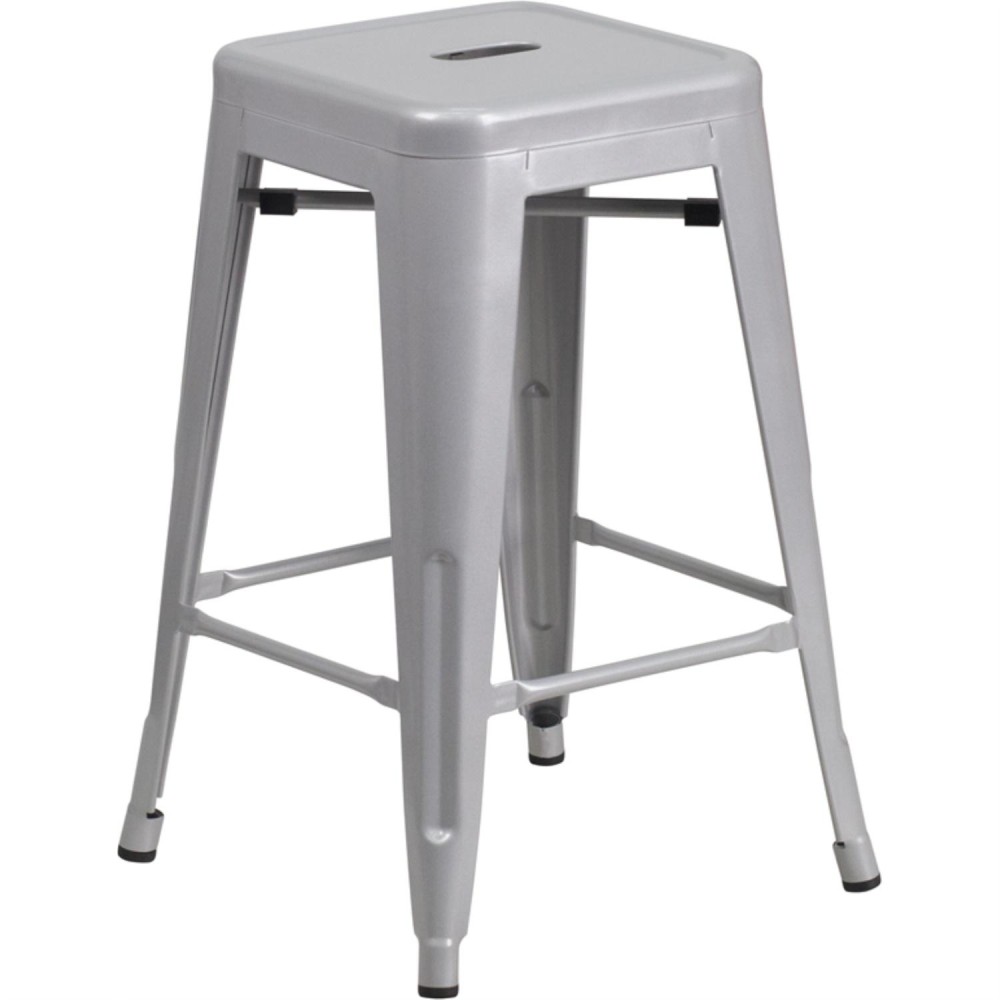 Commercial Grade 24 High Backless Silver Metal Indoor-Outdoor Counter Height Stool with Square Seat