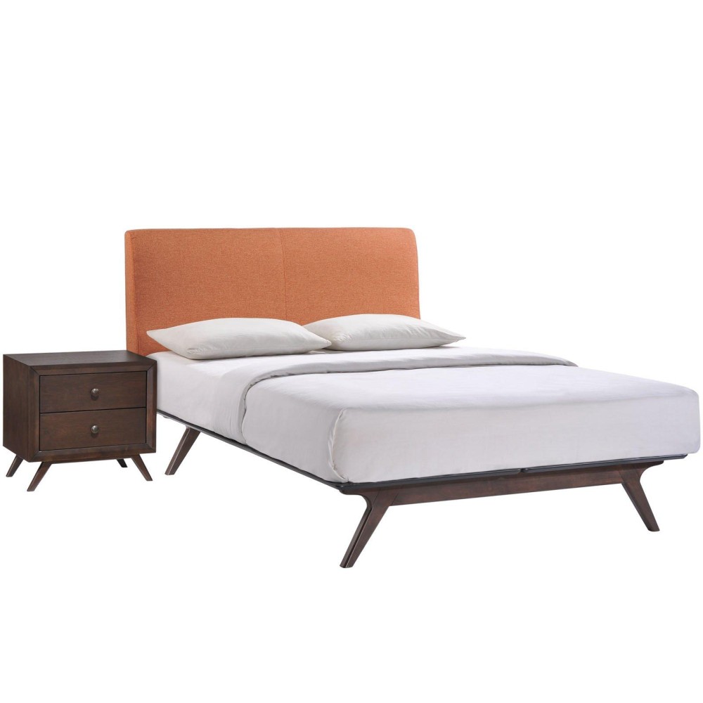 Modway Tracy Mid-Century Modern Wood Platform Queen Size Bed With A Nightstand In Cappuccino Orange