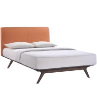 Modway Tracy Mid-Century Modern Wood Platform Queen Size Bed With A Nightstand In Cappuccino Orange