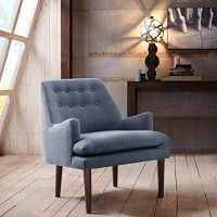 Madison Park Taylor Accent Chairs - Hardwood, Brich Wood, Faux Linen Living Room Chairs - Blue Grey, Mid Century Club Style Living Room Sofa Furniture - 1 Piece Button, Armed Bedroom Chairs Seats