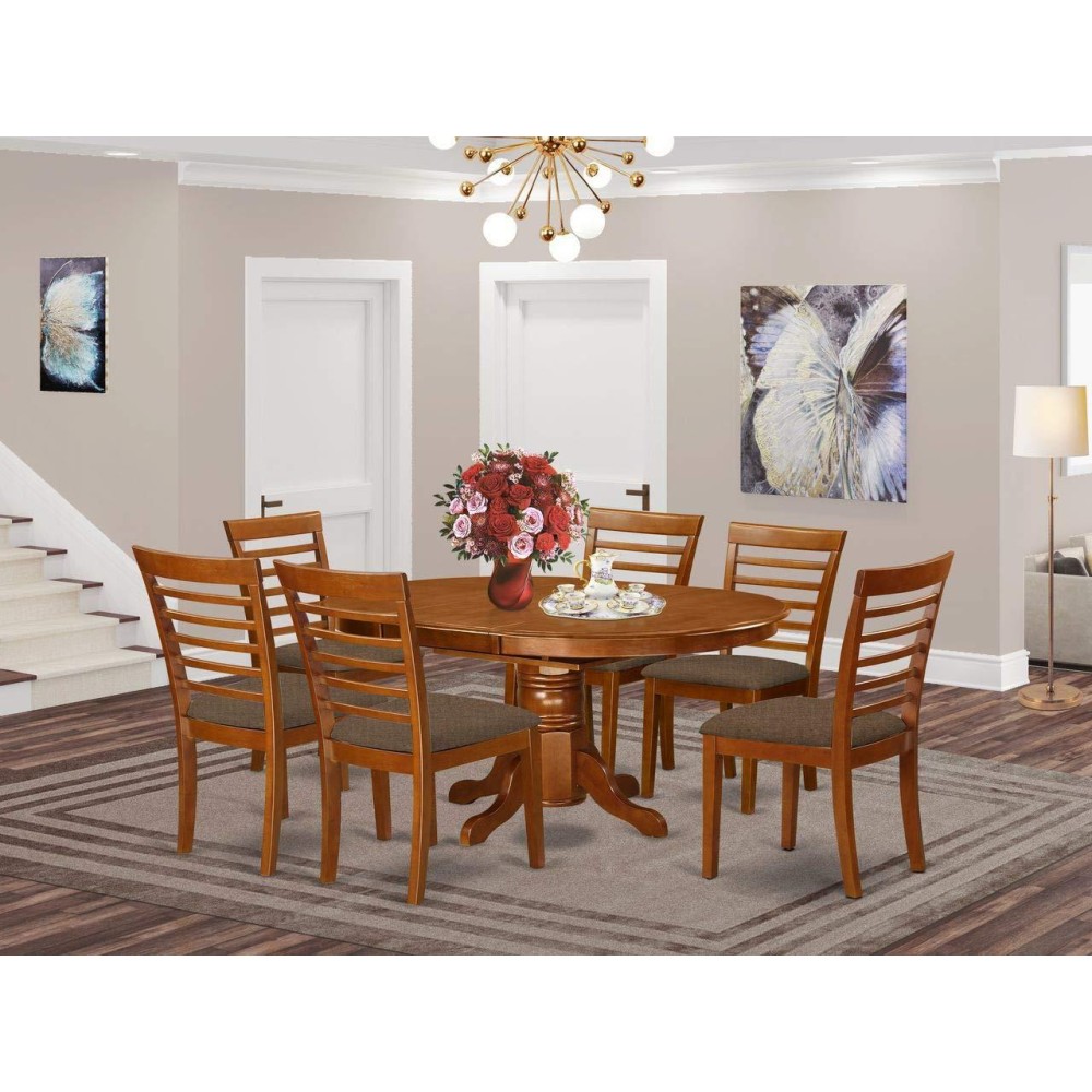 East West Furniture Avml7-Sbr-C Avon 7 Piece Kitchen Set Consist Of An Oval Table With Butterfly Leaf And 6 Linen Fabric Dining Room Chairs, 42X60 Inch, Saddle Brown