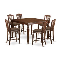 East West Furniture Chel7-Mah-C 7 Piece Counter Height Set Consist Of A Square Dining Room Table With Butterfly Leaf And 6 Linen Fabric Upholstered Chairs, 54X54 Inch