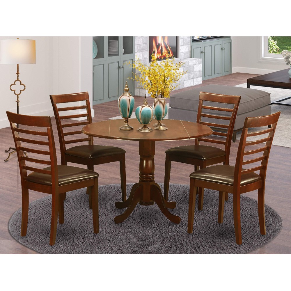 East West Furniture Dlml5-Mah-Lc 5 Piece Modern Set Includes A Round Wooden Table With Dropleaf And 4 Faux Leather Upholstered Dining Chairs, 42X42 Inch