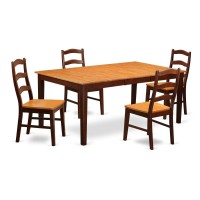 East West Furniture Henl5-Brn-W 5-Pc Dining Set - A Self-Storing Butterfly Leaf Kitchen Table - 4 Mid Century Dining Chairs With Solid Wood Seat & Ladder Back - Brown Finish