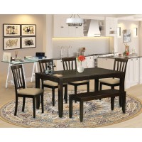 East West Furniture Lyan6-Cap-C Lynfield 6 Piece Set Contains A Rectangle Dining Room Table With Butterfly Leaf And 4 Linen Fabric Upholstered Chairs With A Bench, 36X66 Inch, Cappuccino
