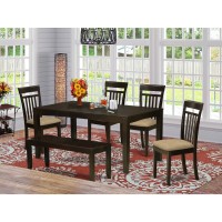 East West Furniture Lyca6-Cap-C Lynfield 6 Piece Set Contains A Rectangle Dining Room Table With Butterfly Leaf And 4 Linen Fabric Kitchen Chairs With A Bench, 36X66 Inch, Cappuccino