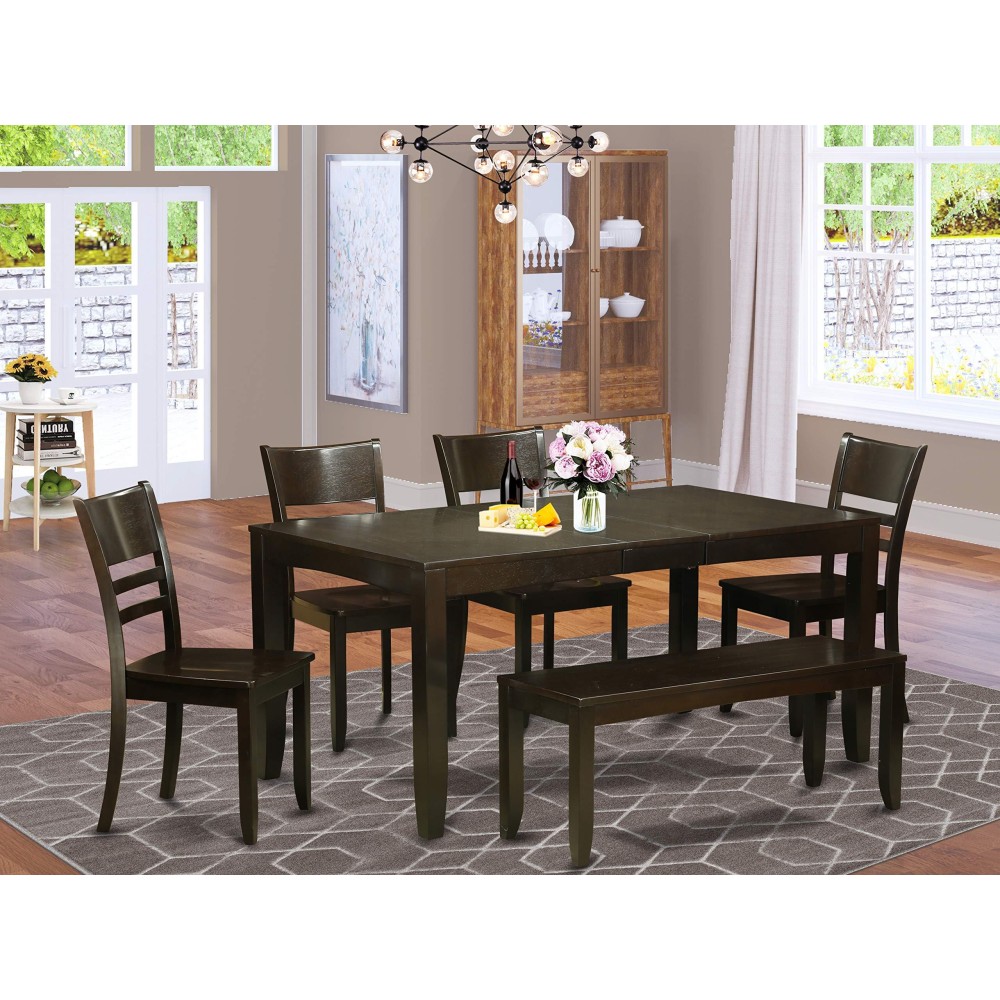 East West Furniture Lyfd6-Cap-W Lynfield 6 Piece Kitchen Set Contains A Rectangle Table With Butterfly Leaf And 4 Dining Chairs With A Bench, 36X66 Inch
