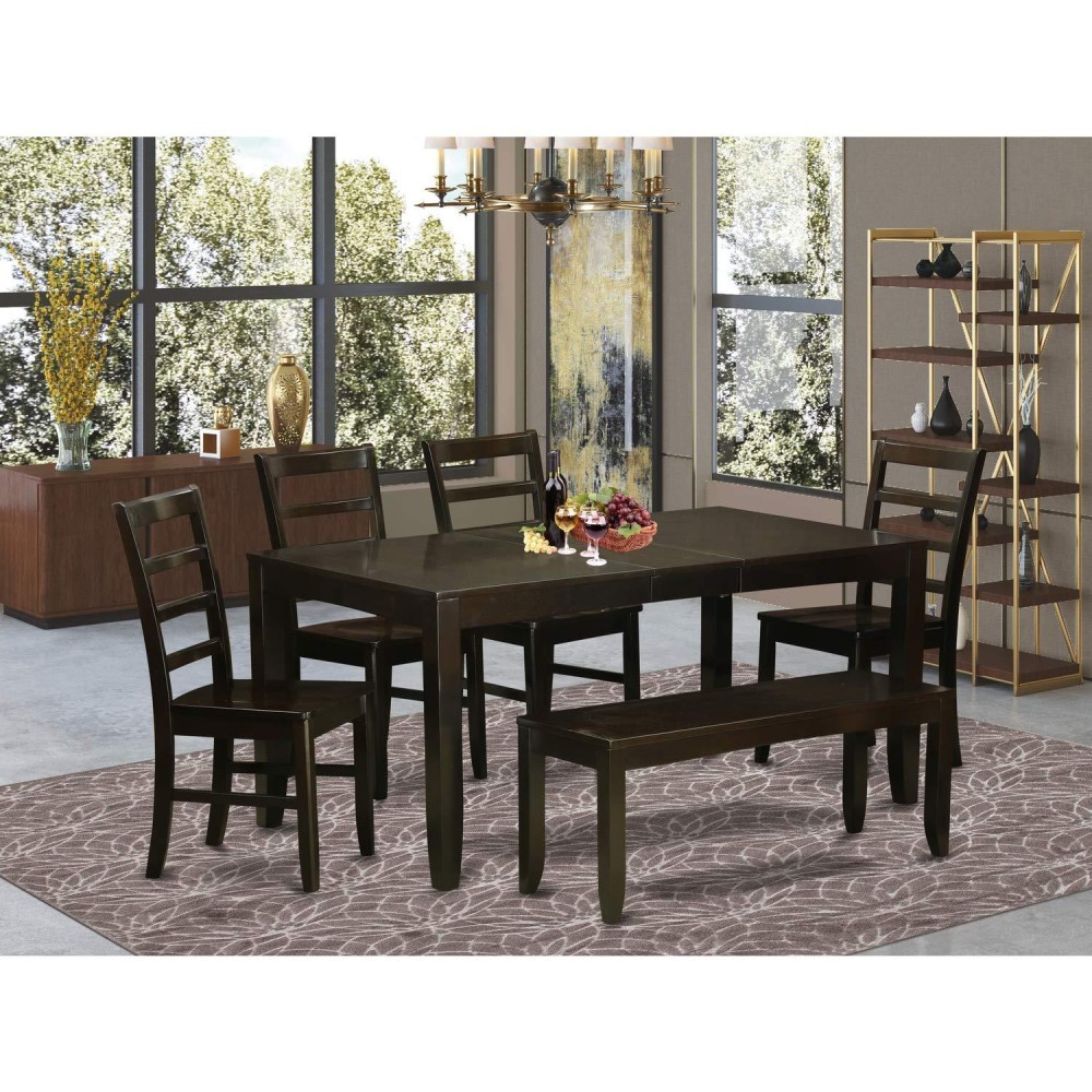 East West Furniture Lypf6-Cap-W Lynfield 6 Piece Modern Set Contains A Rectangle Wooden Table With Butterfly Leaf And 4 Dining Room Chairs With A Bench, 36X66 Inch