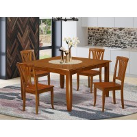 East West Furniture Pfav5-Sbr-W 5 Piece Kitchen Table & Chairs Set Includes A Square Dining Room Table With Butterfly Leaf And 4 Solid Wood Seat Chairs, 54X54 Inch, Saddle Brown