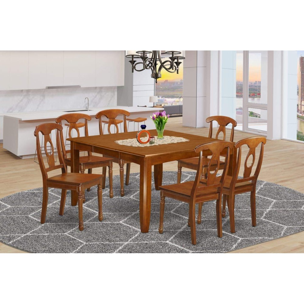 East West Furniture Pfna7-Sbr-W 7 Piece Dining Table Set Consist Of A Square Wooden Table With Butterfly Leaf And 6 Dining Room Chairs, 54X54 Inch, Saddle Brown