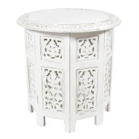 COTTON CRAFT Solid Wood Accent End Table - Hand Carved Vintage Boho Folding Side Table - Small Spaces Entryway Farmhouse Living Room Bedside - No Tools Assembly -18x18 Round - Jaipur Antique White