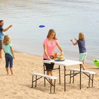 Lifetime 80373 Portable Folding Camping Rv Picnic Table And Bench Set, Almond