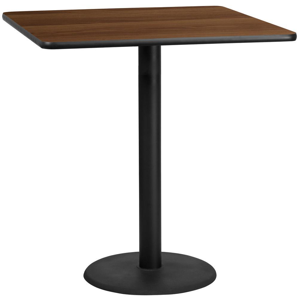 42'' Square Walnut Laminate Table Top With 24'' Round Bar Height Table Base
