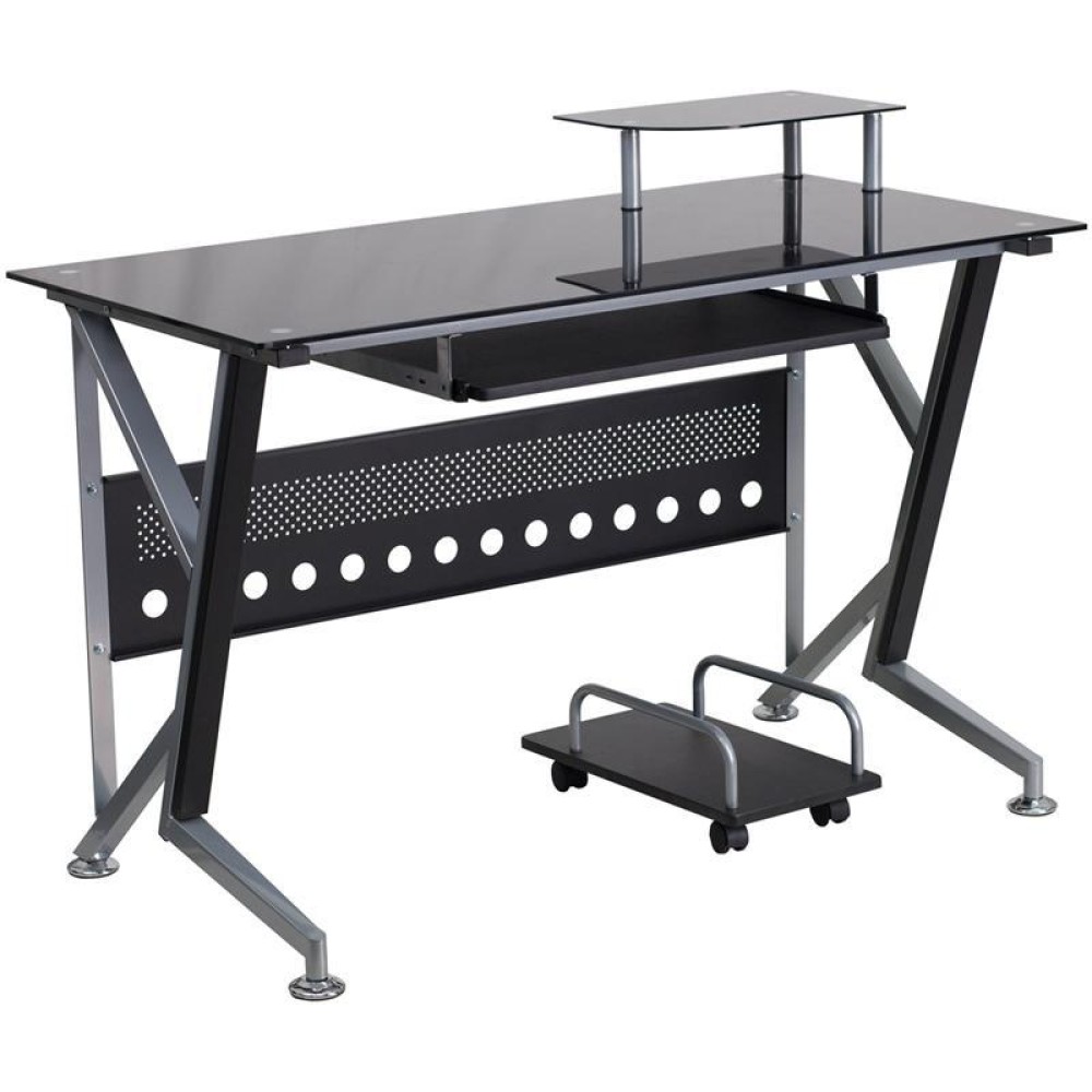 Black Glass Computer Desk with PullOut Keyboard Tray and CPU Cart