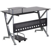 Black Glass Computer Desk with PullOut Keyboard Tray and CPU Cart