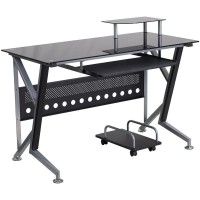 Black Glass Computer Desk with PullOut Keyboard Tray and CPU Cart