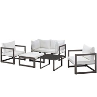 Modway Fortuna Aluminum 6-Piece Outdoor Patio Sectional Sofa Furniture Set With Cushions In Brown White