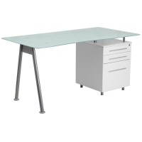 White Computer Desk with Glass Top and Three Drawer Pedestal