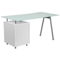 White Computer Desk with Glass Top and Three Drawer Pedestal