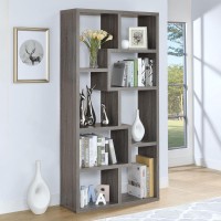 Geometric bookcase with a seemingly random pattern of boxes creates an attention-grabbing display for your favorite keepsakes and booksTen (10) shelves provide ample display spaceMDF, particle board, and laminate constructionAlso available in cappuccino, 