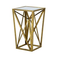 Madison Park Zee Accent Tables For Living Room, Glass Top Hollow, Small Metal Frame Geometric Angular Design Luxe Modern Stylish Nightstand Bedroom Furniture, Gold