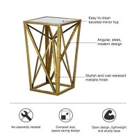 Madison Park Zee Accent Tables For Living Room, Glass Top Hollow, Small Metal Frame Geometric Angular Design Luxe Modern Stylish Nightstand Bedroom Furniture, Gold