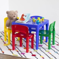 Humble Crew, Blue Primary Kids Lightweight Plastic Table & 4 Chairs Set, Square