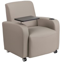 Gray Leathersoft Guest Chair With Tablet Arm, Front Wheel Casters And Cup Holder