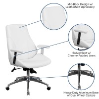 Flash Furniture Hansel Mid-Back White Leathersoft Smooth Upholstered Executive Swivel Office Chair With Arms