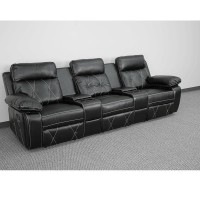 Reel Comfort Series 3Seat Reclining Black LeatherSoft Theater Seating Unit with Straight Cup Holders