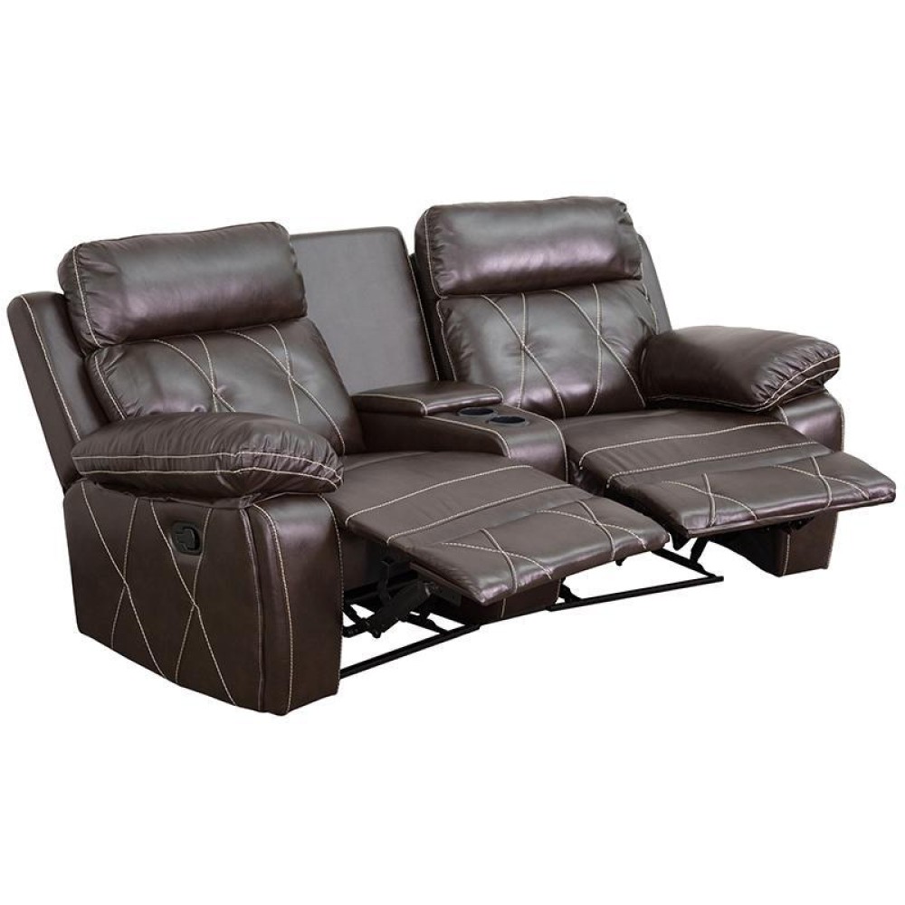 Reel Comfort Series 2Seat Reclining Brown LeatherSoft Theater Seating Unit with Curved Cup Holders