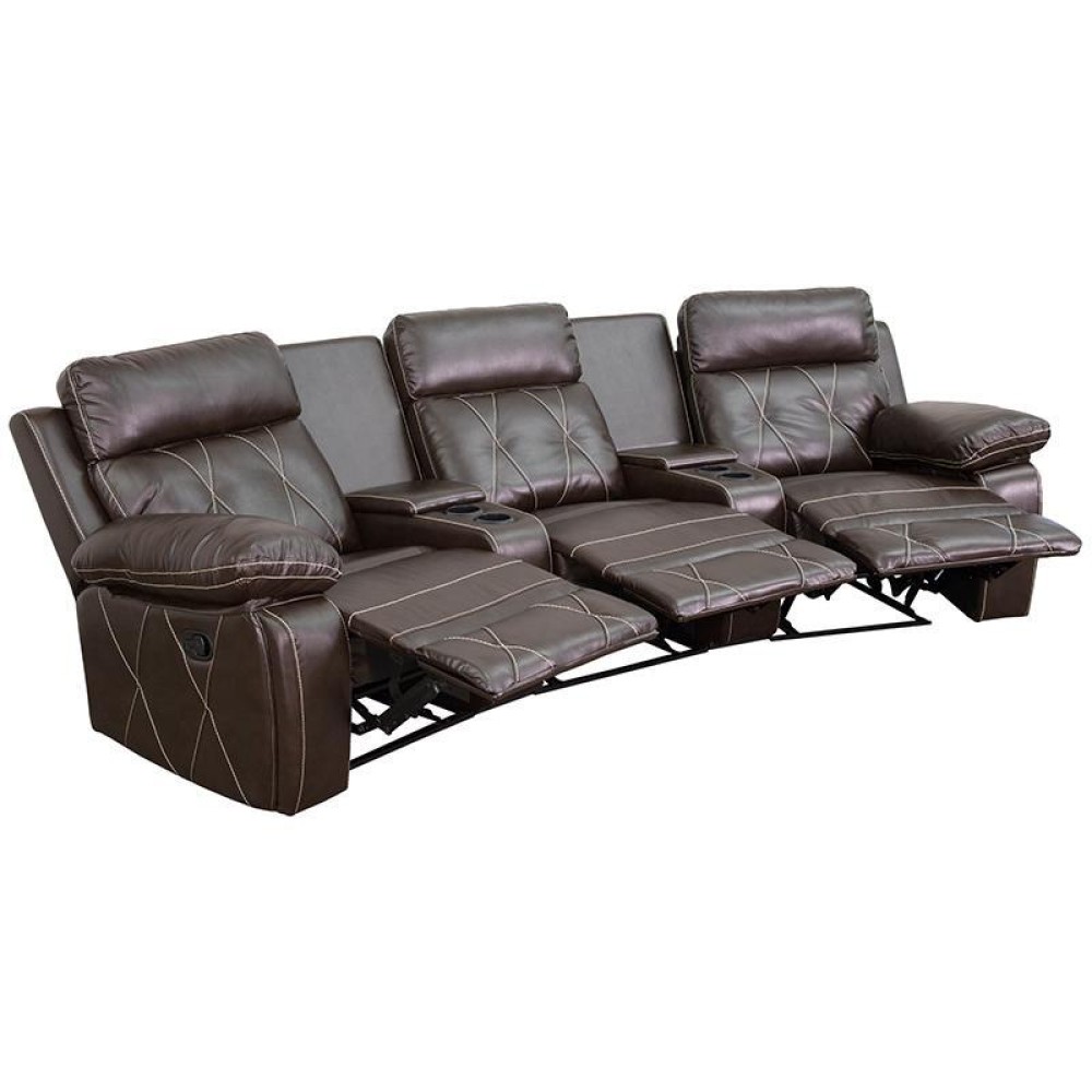 Reel Comfort Series 3Seat Reclining Brown LeatherSoft Theater Seating Unit with Curved Cup Holders