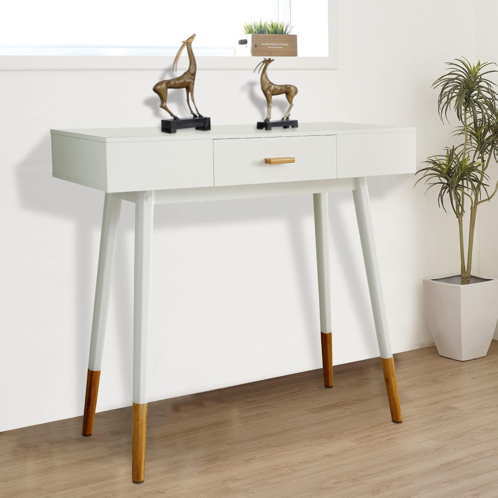 Ehemco Euro Console Sofa Table For Entryway With Drawer And Bamboo Legs In White And Dark Oak, Great For Living Room