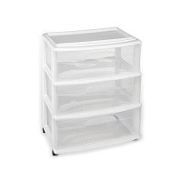 Homz Plastic 3 Drawer Wide Cart, White Frame, Clear Drawers, 4 Casters Included, Set Of 1