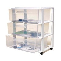 Homz Plastic 3 Drawer Wide Cart, White Frame, Clear Drawers, 4 Casters Included, Set Of 1