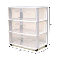 Homz Plastic 3 Drawer Wide Cart, White Frame, Clear Drawers, 4 Casters Included, Set Of 1