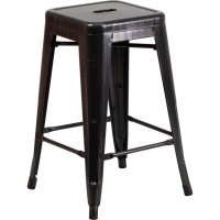 Commercial Grade 24 High Backless Black-Antique Gold Metal Indoor-Outdoor Counter Height Stool with Square Seat
