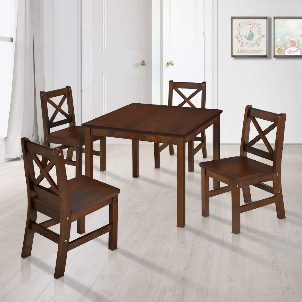 Ehemco Solid Hard Wood Kids Table And Chair Set (4 Chairs Included), Natural, 5 Piece Set
