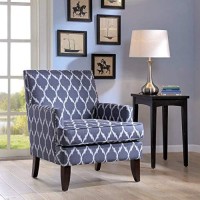 Madison Park Colton Accent Hardwood, Brich Wood, Ogee Print, Bedroom Lounge Mid Century Modern Deep Seating, High Back Club Style Arm-Chair Living Room Furniture, See Below, Blue/White