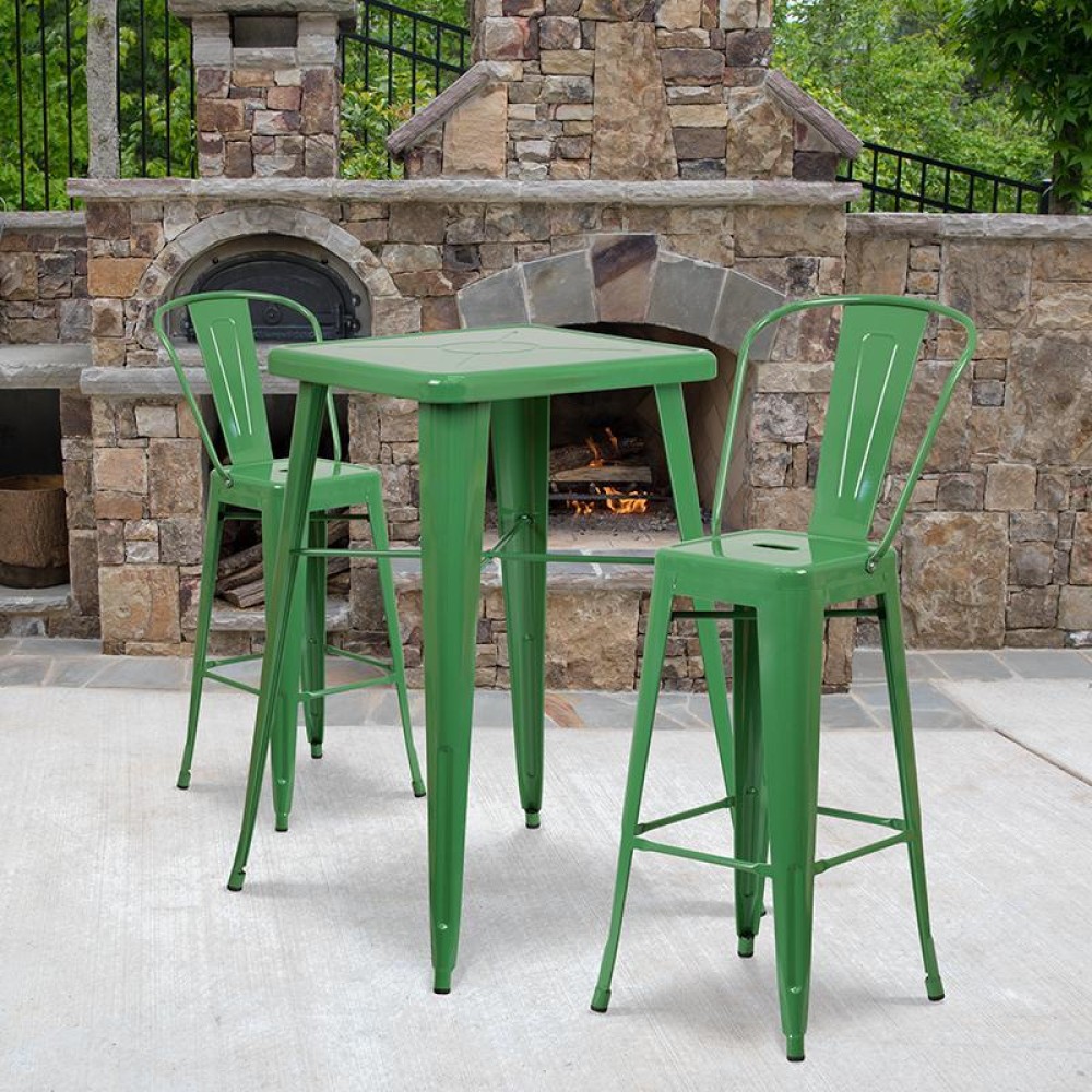 Commercial Grade 2375 Square Green Metal IndoorOutdoor Bar Table Set with 2 Stools with Backs