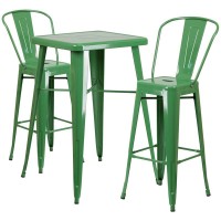 Commercial Grade 2375 Square Green Metal IndoorOutdoor Bar Table Set with 2 Stools with Backs