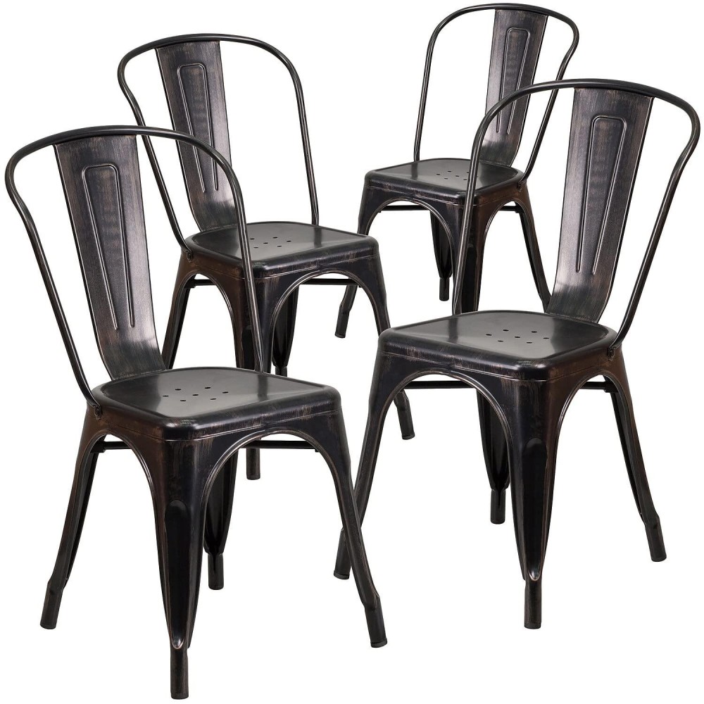 Flash Furniture Luke Commercial Grade 4 Pack Black-Antique Gold Metal Indoor-Outdoor Stackable Chair