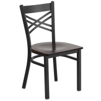 Hercules Series Black ''X'' Back Metal Restaurant Chair - Walnut Wood Seat