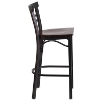 Hercules Series Black Two-Slat Ladder Back Metal Restaurant Barstool - Walnut Wood Seat