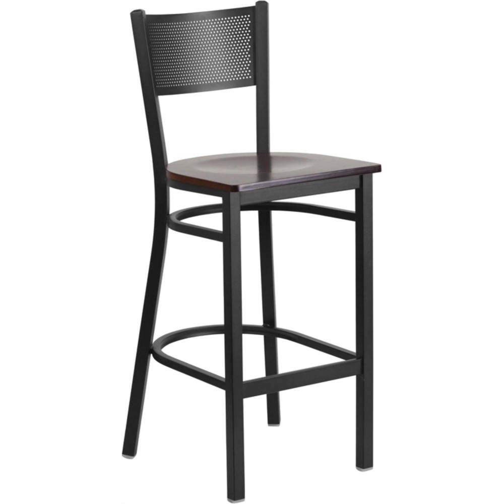 Hercules Series Black Grid Back Metal Restaurant Barstool - Walnut Wood Seat