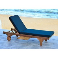 Safavieh Outdoor Collection Newport Natural/ Navy Cushion Built-In Side Table Adjustable Chaise Lounge Chair