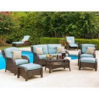 Hanover Strathmere 6-Piece Outdoor Patio Conversation Set, 2 Side Chairs With Ottomans, Loveseat And Tempered Glass Coffee Table, With Hand-Woven Wicker And Thick Ocean Blue Cushions, Strathmere6Pcblu